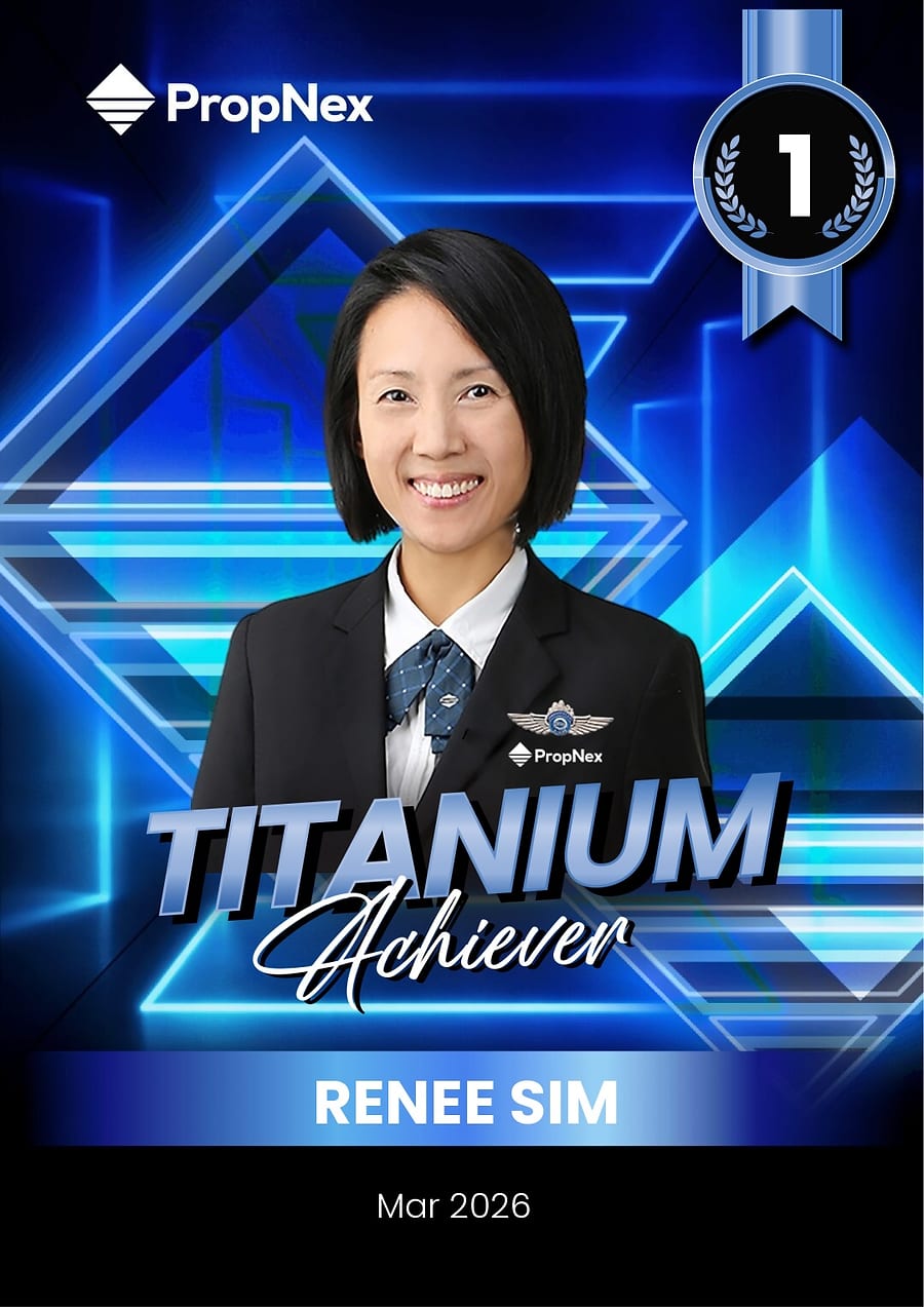 PropNex award card: Titanium Achiever, 1st position, March 2026, Renee Sim.