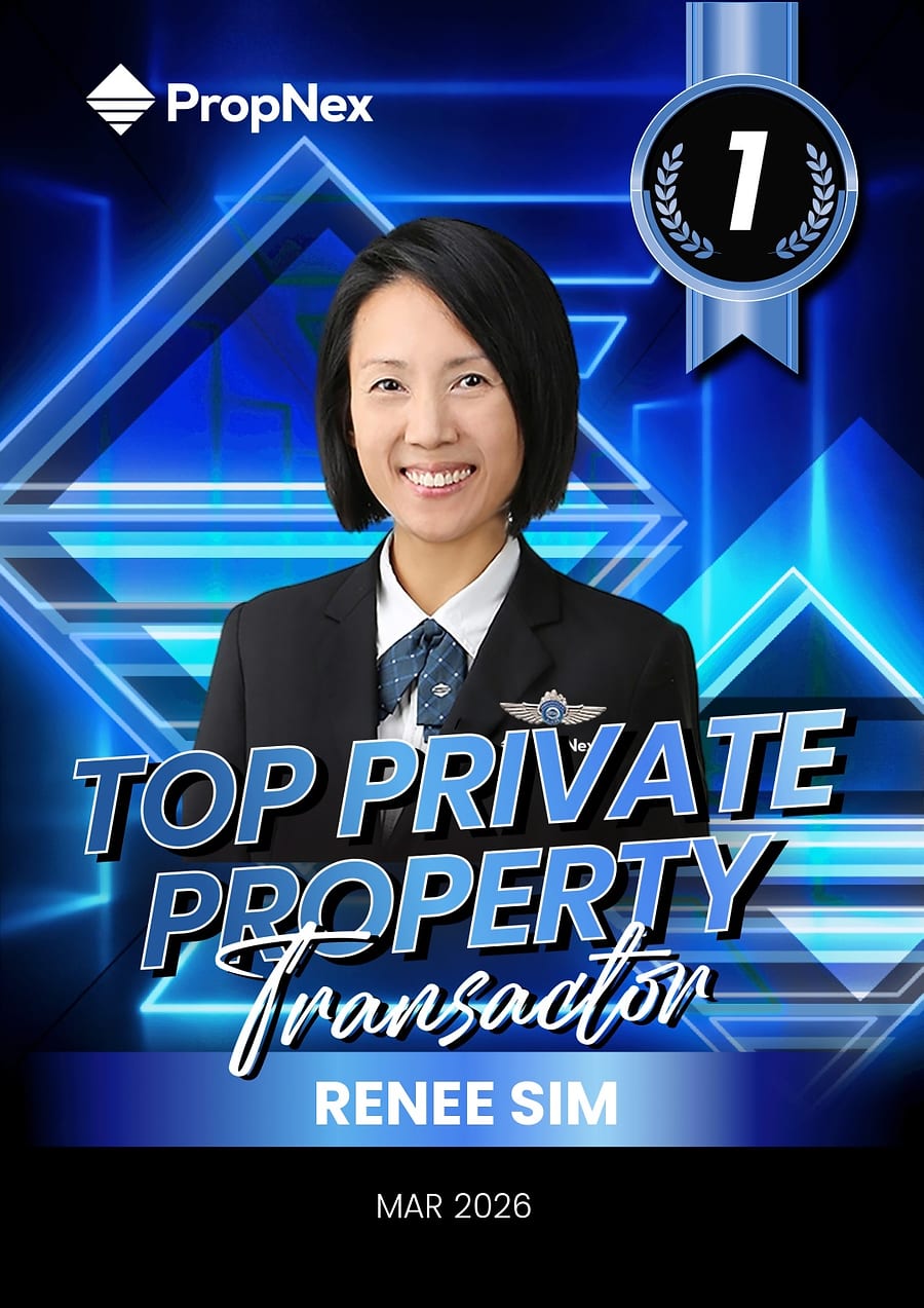PropNex award card: Top Private Property Transactor, 1st position, March 2026, Renee Sim.